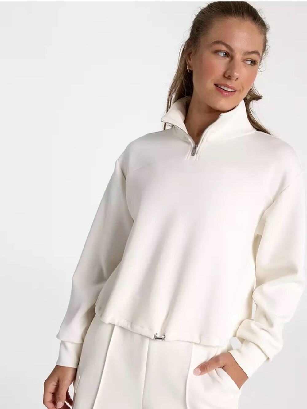 CALIA Women’s Cream 1/4 Zip Long Sleeve Pullover & Shorts Set